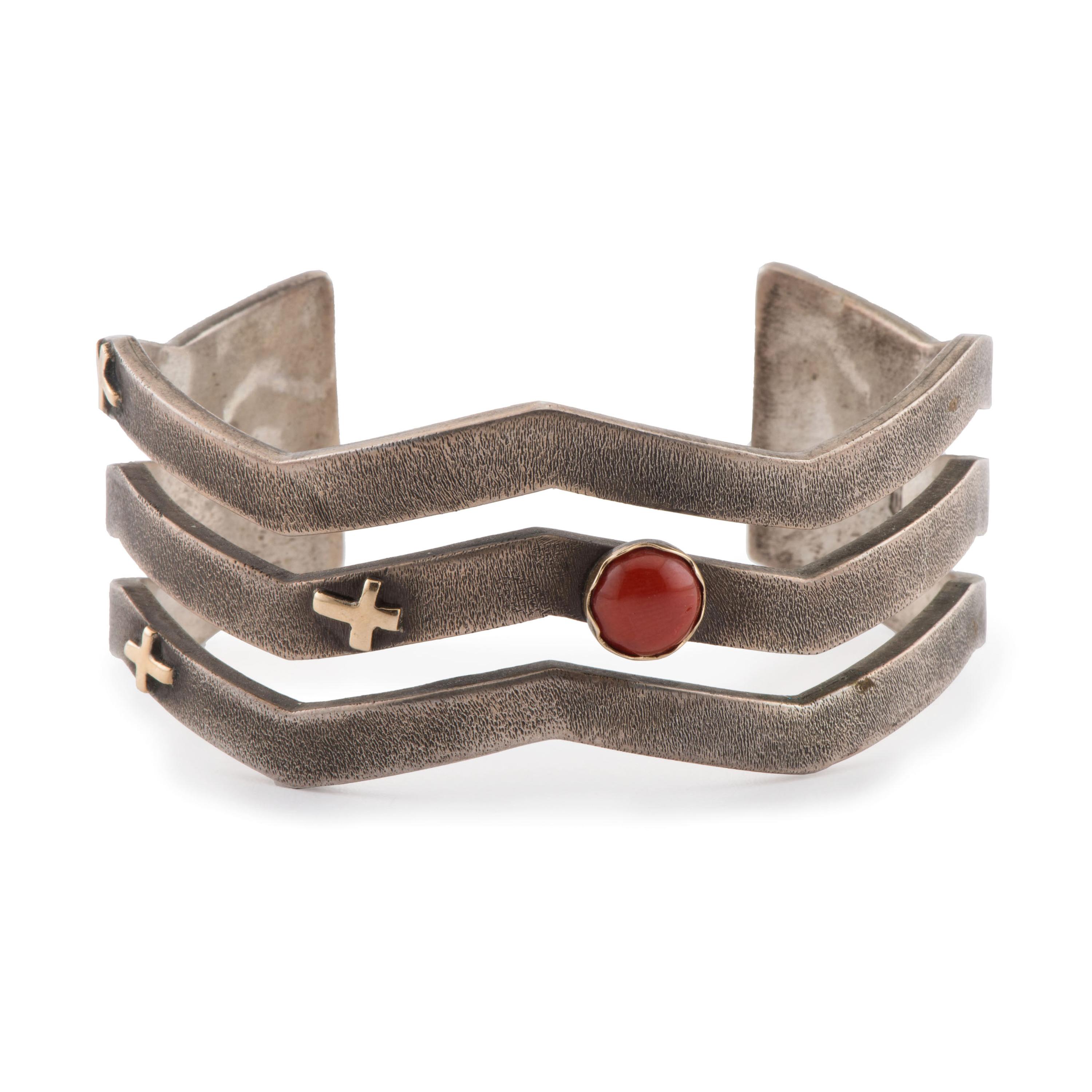Silver Cuff Bracelet Accented with 14k Gold and Coral