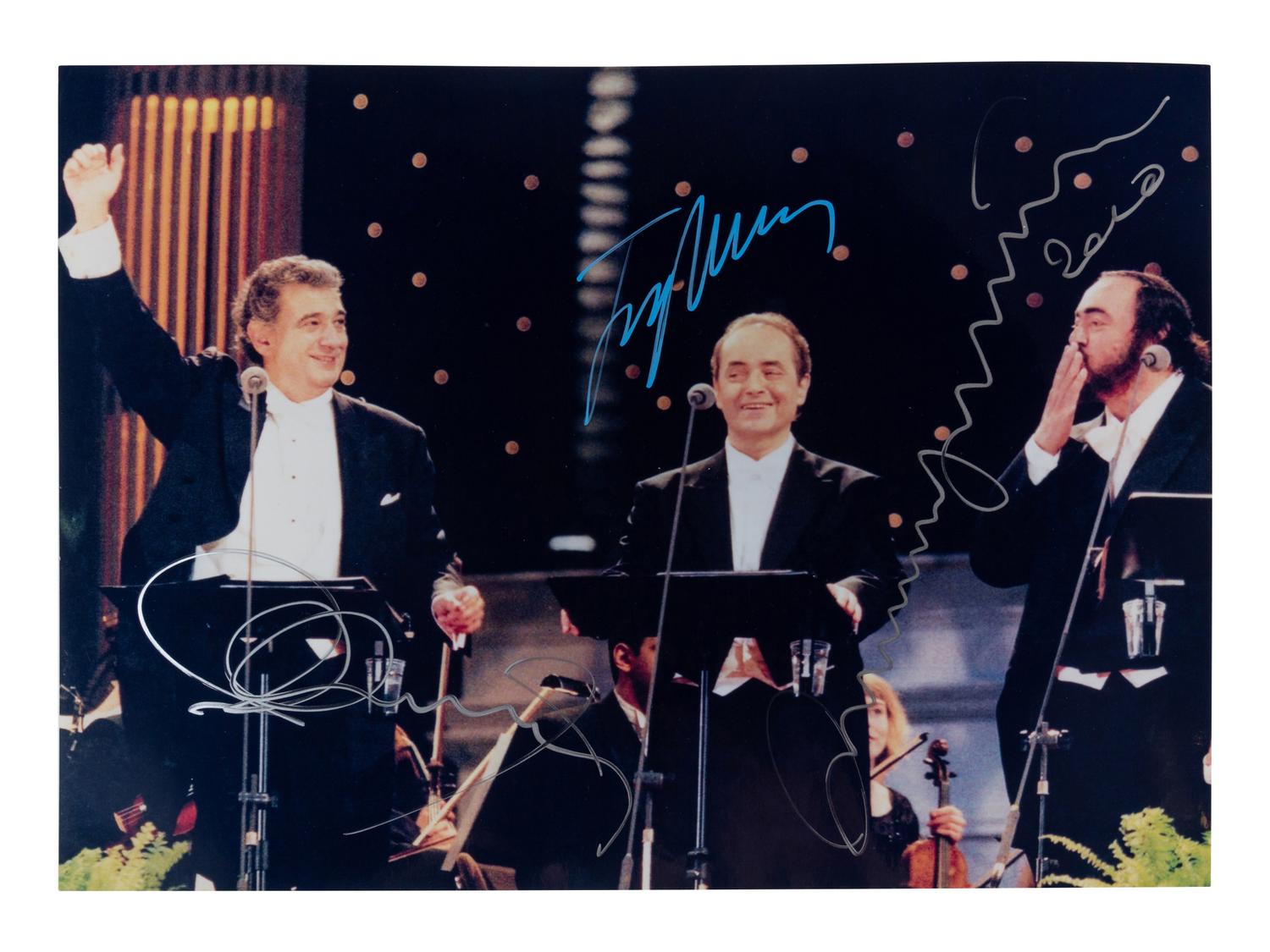 CARRERAS, José (b. 1946) -- DOMINGO, Plácido (b. 1941) -- PAVAROTTI, Luciano (1935-2007). Color photograph, signed (“Plácido Domingo,” “José Carreras,” and “Luciano Pavarotti”), 2010.