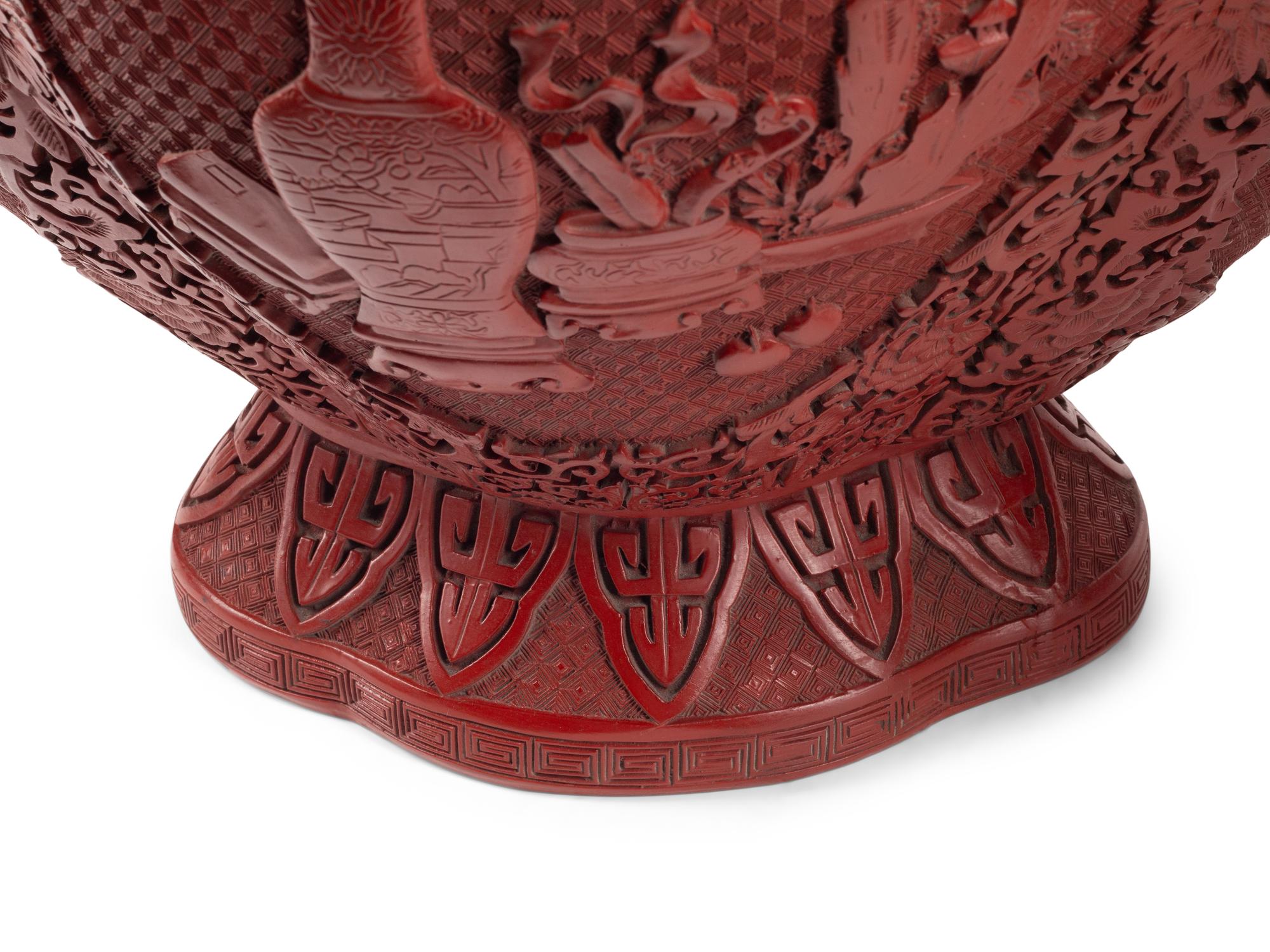 A Pair of Large Chinese Carved Red Lacquer Vases