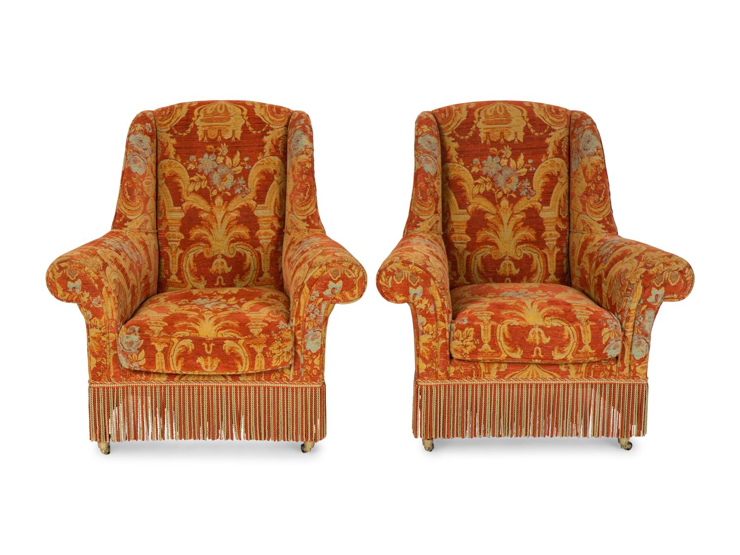 A Pair of Victorian Style Upholstered Wing Armchairs — 20TH CENTURY