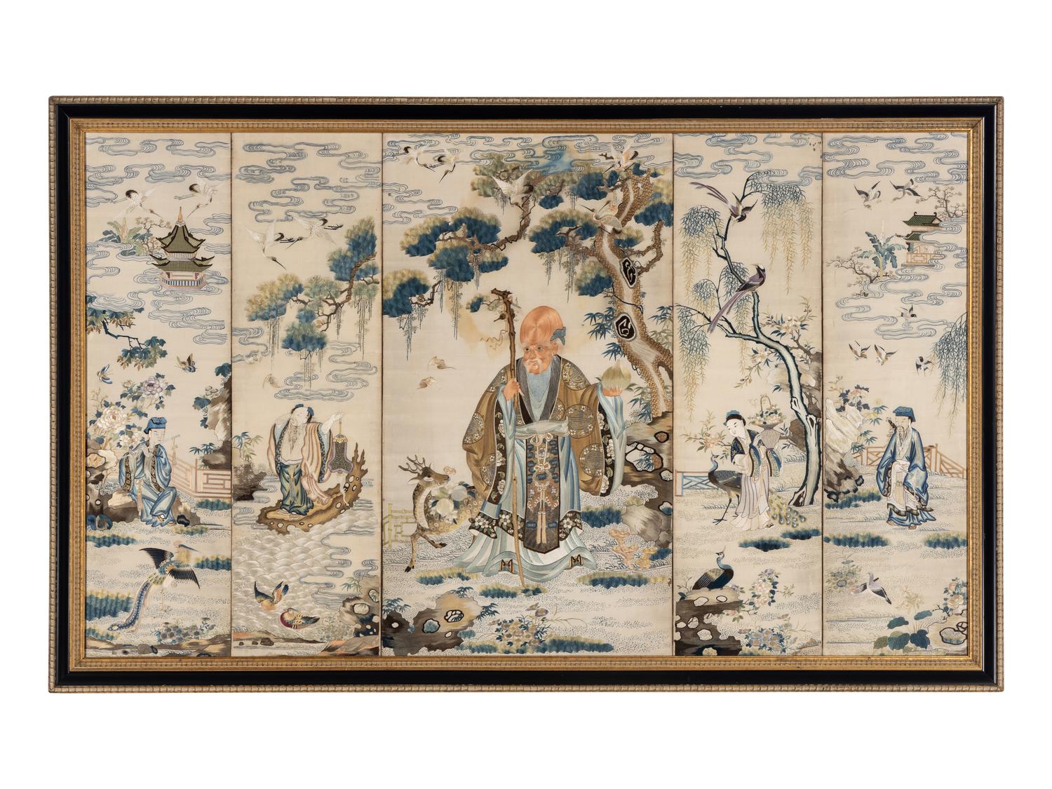 A Chinese Canton Style Embroidered 'Immortals' Five Paneled Screen, 19th Century 清晚期 粵綉祝壽圖五扇屏