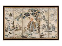 A Chinese Canton Style Embroidered 'Immortals' Five Paneled Screen, 19th Century 清晚期 粵綉祝壽圖五扇屏