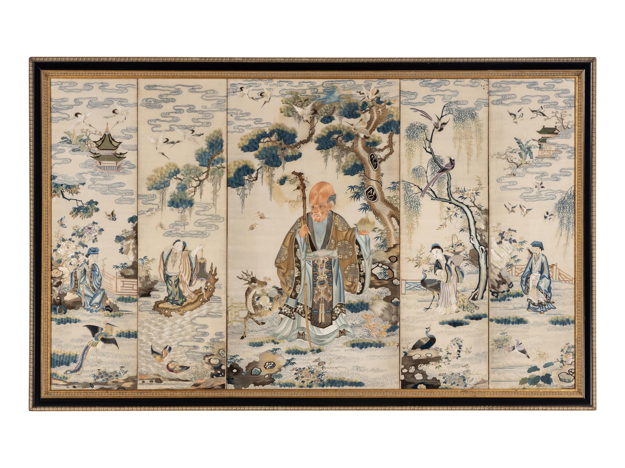A Chinese Canton Style Embroidered 'Immortals' Five Paneled Screen, 19th Century 清晚期 粵綉祝壽圖五扇屏