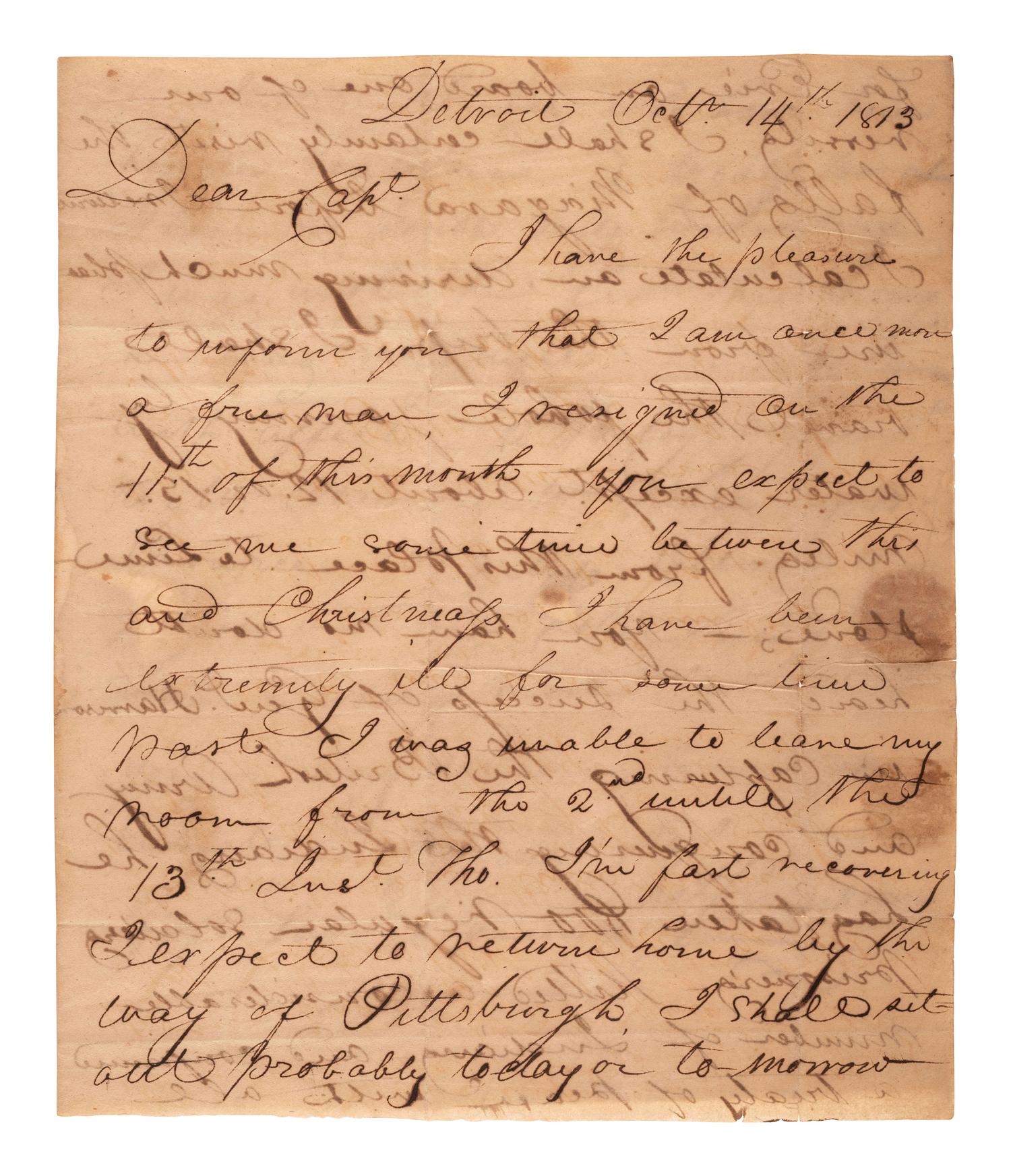 [WAR OF 1812] -- [HARRISON, William H. (1773-1841)]. A soldier's letter reporting on the success of General William H. Harrison at the Battle of the Thames. Detroit, 14 October 1813.