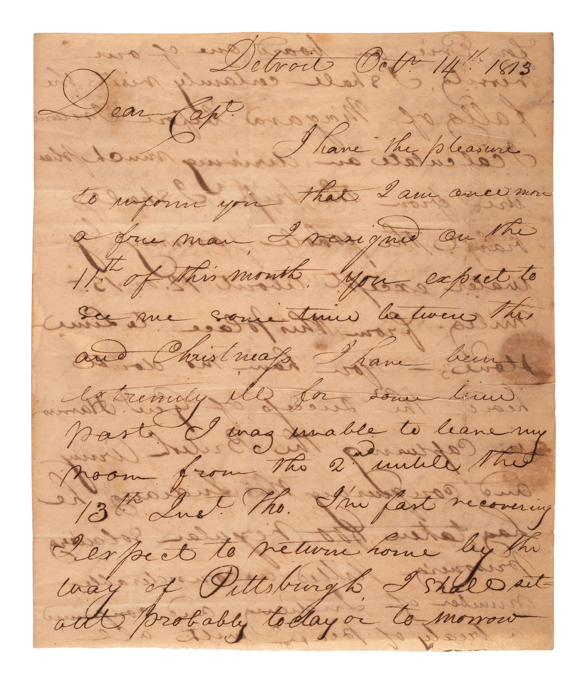 [WAR OF 1812] -- [HARRISON, William H. (1773-1841)]. A soldier's letter reporting on the success of General William H. Harrison at the Battle of the Thames. Detroit, 14 October 1813.
