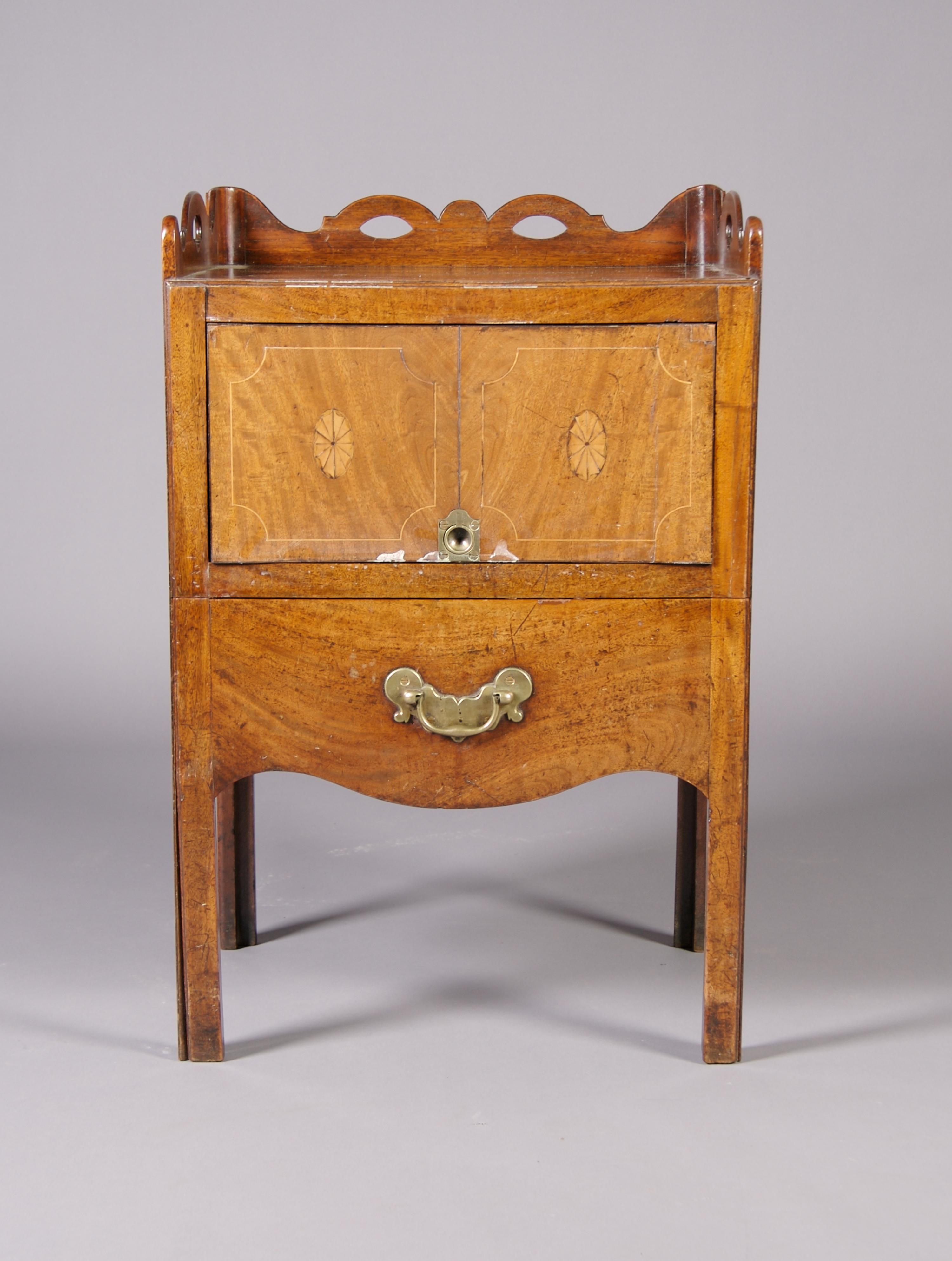 A George III Mahogany Bedside Commode Cabinet, Height 31 1/4 x width 20 1/2 x depth 17 1/2 inches.