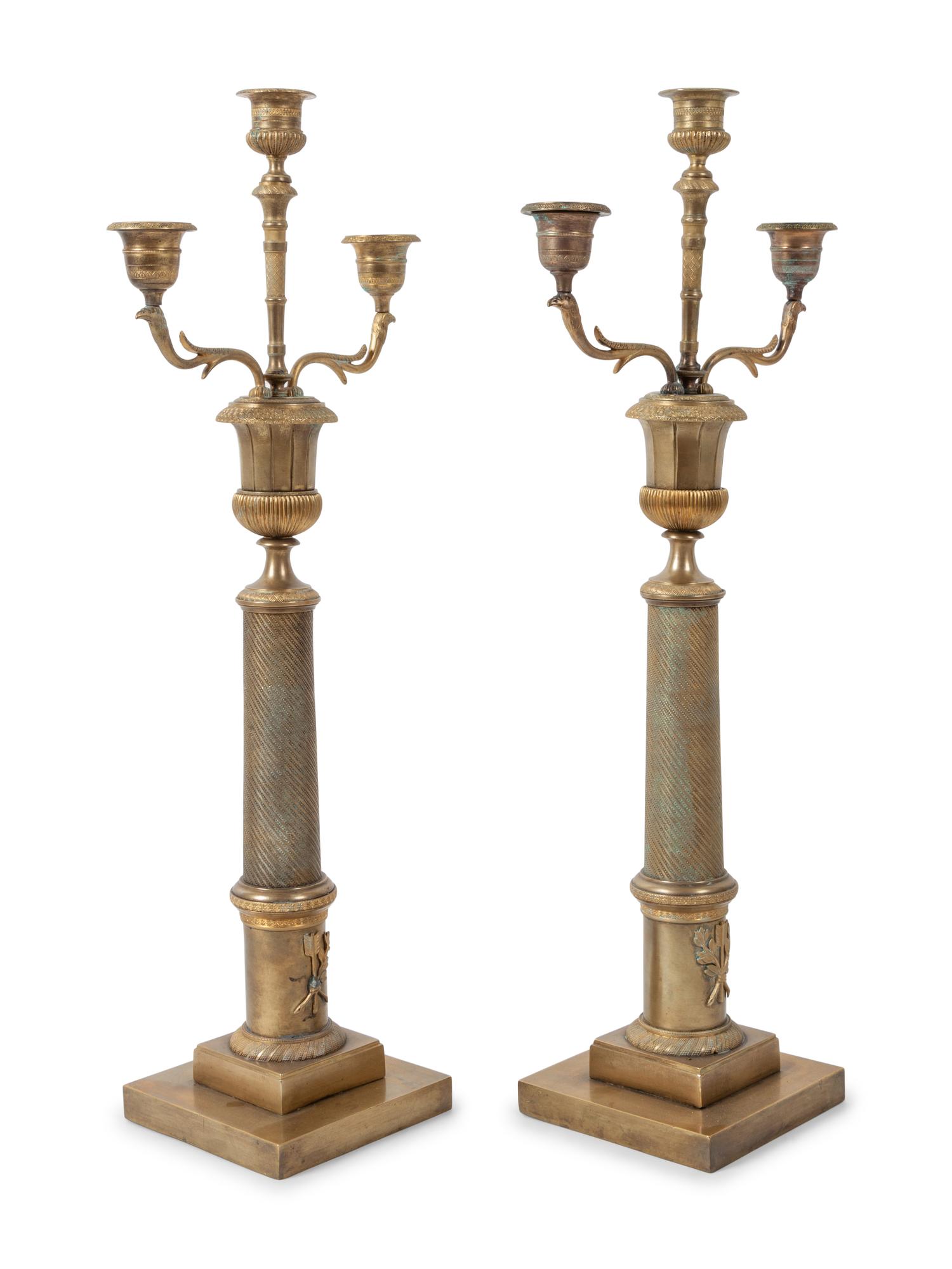 A Pair of Empire Style Gilt Bronze Three Light Candelabra