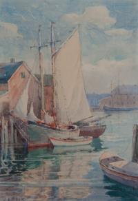John A. Cook, (American, 1870-1936), Docked Sailboats