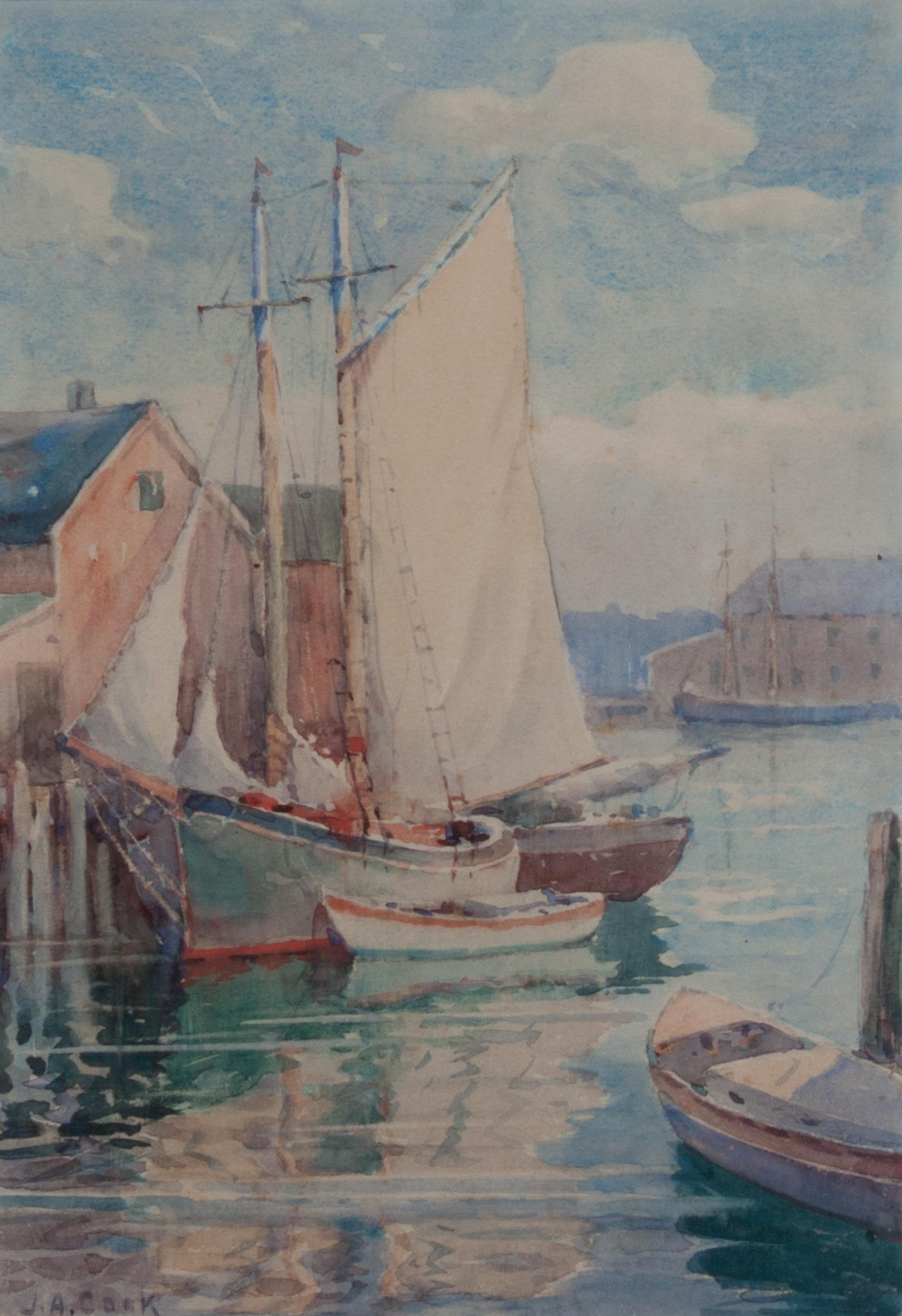 John A. Cook, (American, 1870-1936), Docked Sailboats