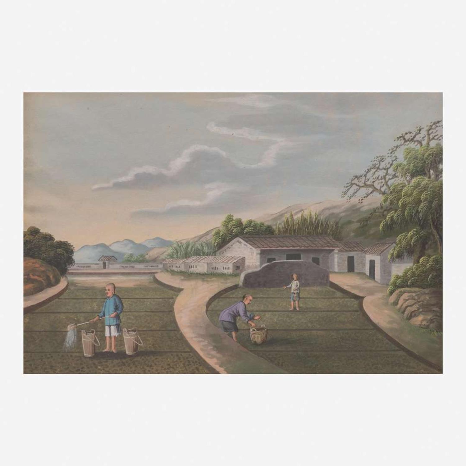 A group of three Chinese export paintings depicting scenes from the production of tea 製茶圖三幅 19th century ????