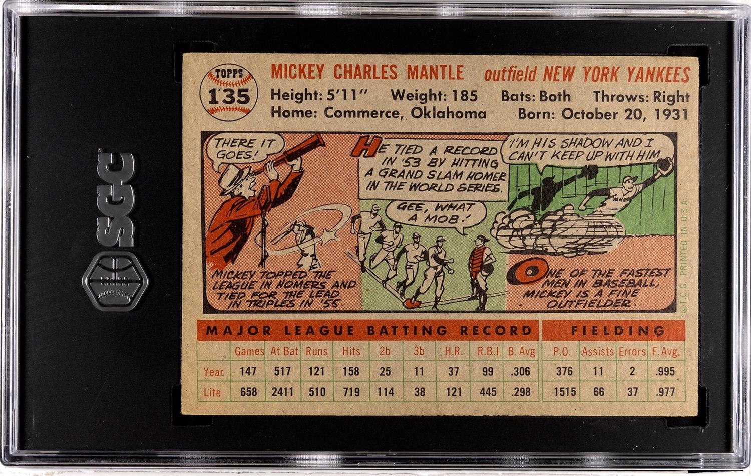 A 1956 Topps Mickey Mantle Baseball Card No. 135 Gray Back (SGC Authentic)