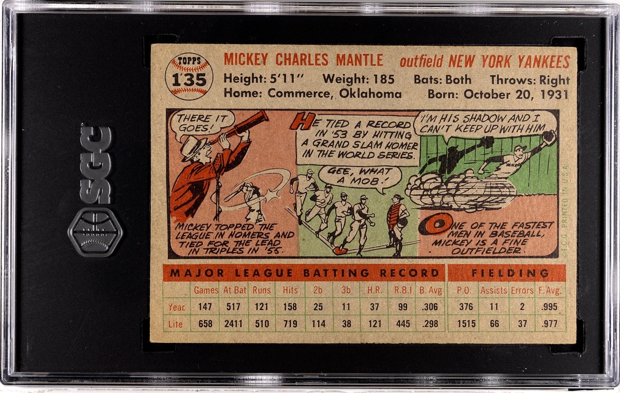 A 1956 Topps Mickey Mantle Baseball Card No. 135 Gray Back (SGC Authentic)