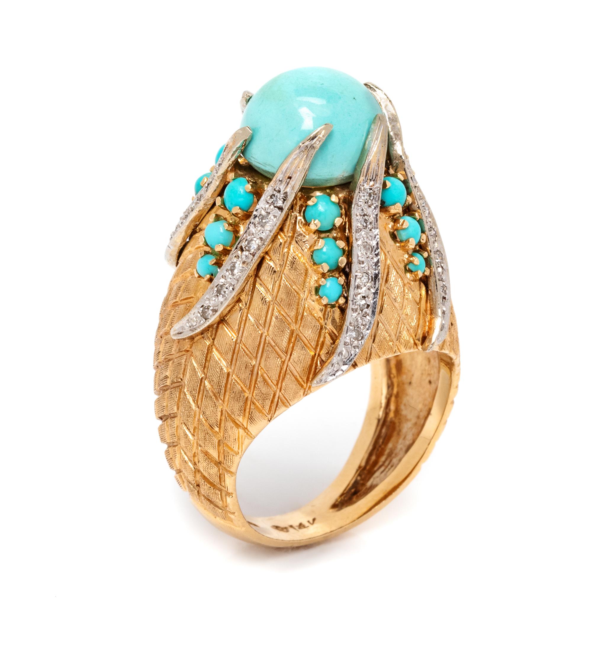 A 14 Karat Bicolor Gold, Turquoise and Diamond Bombe Ring,