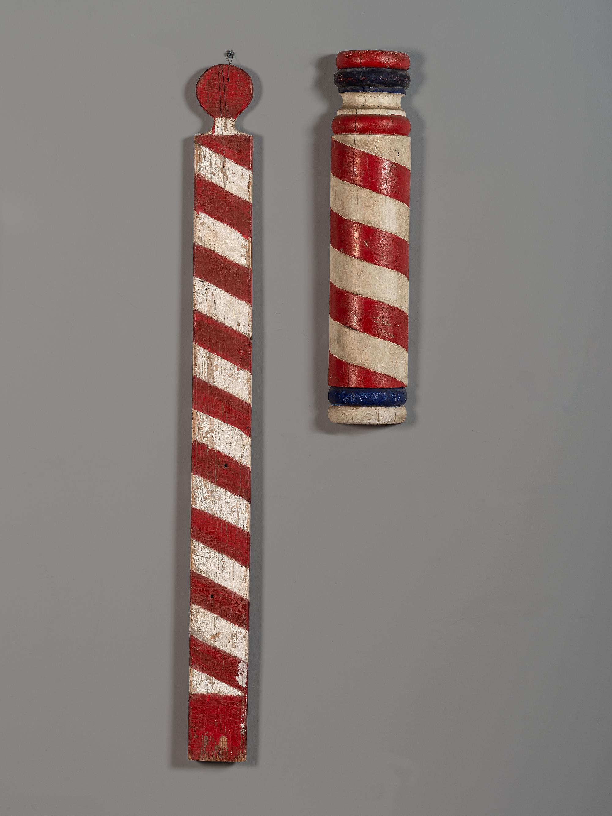 Two Paint Decorated Wood Barber Poles