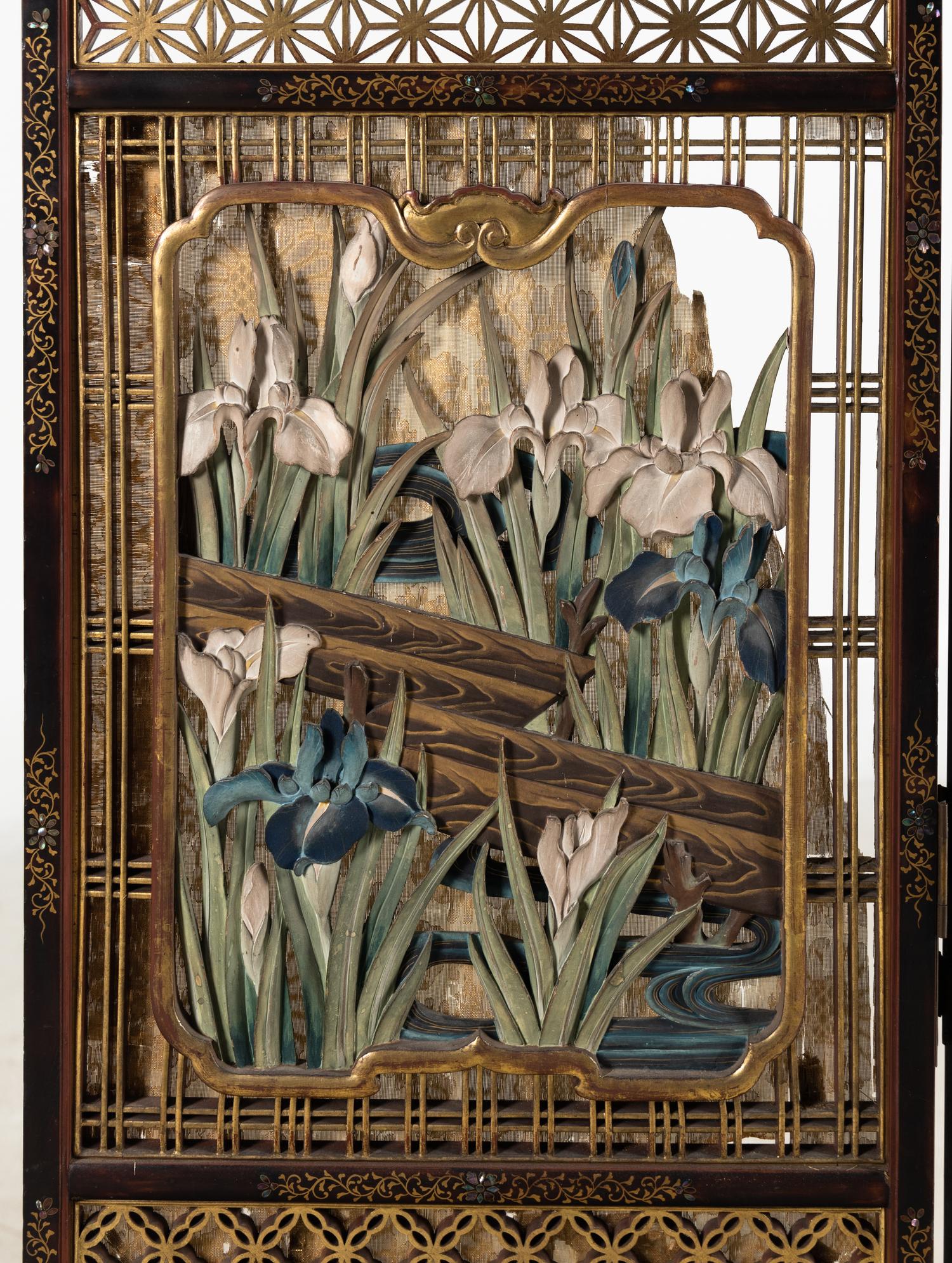 A Carved, Painted and Mother-of-Pearl Inlaid "Japonisme" Three-Panel Floor Screen