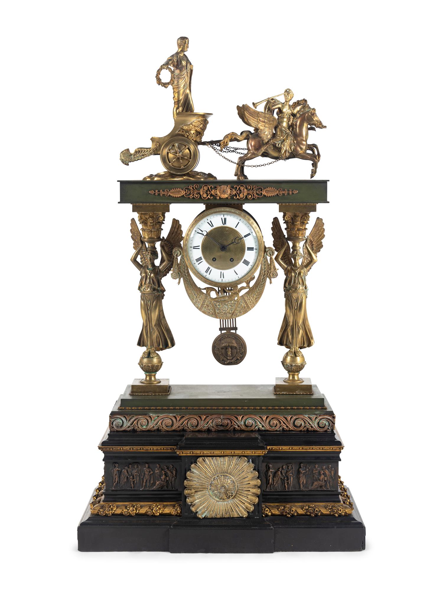 A Large Empire Style Gilt Bronze Mantel Clock