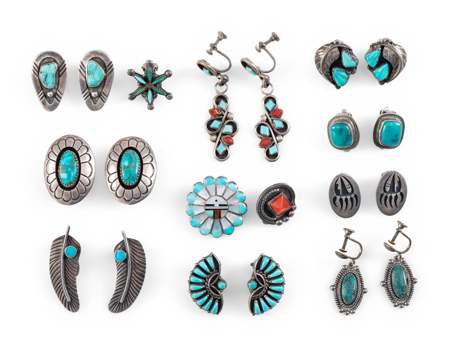 Group of Navajo and Zuni Clip and Screwback Earrings