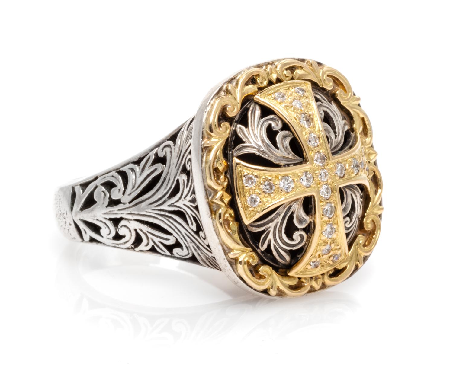 A Sterling Silver and 18 Karat Yellow Gold 'Diamond Classics' Cross Ring, Konstantino, 12.50 dwts.