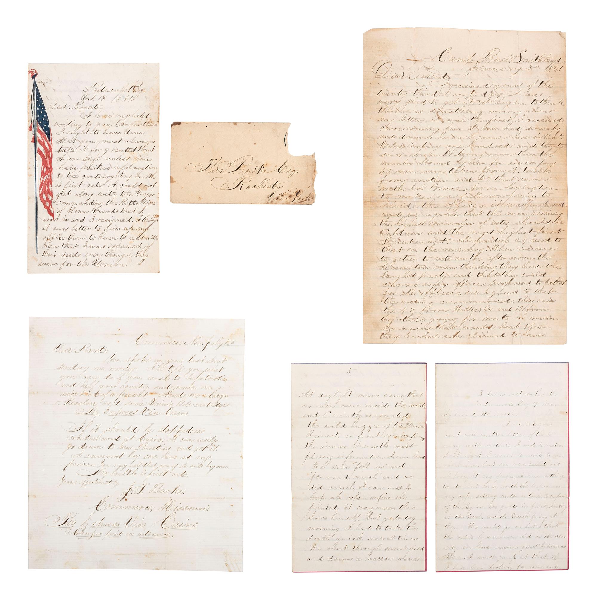[CIVIL WAR]. Civil War letter archive of brothers George and James Burke, 1st New York Veteran Cavalry, and John Burke, 20th Kentucky Infantry, 1860-1865.