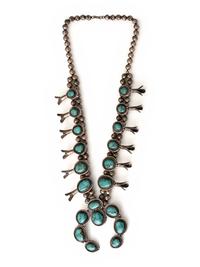 Navajo Silver and Turquoise Squash Blossom Necklace