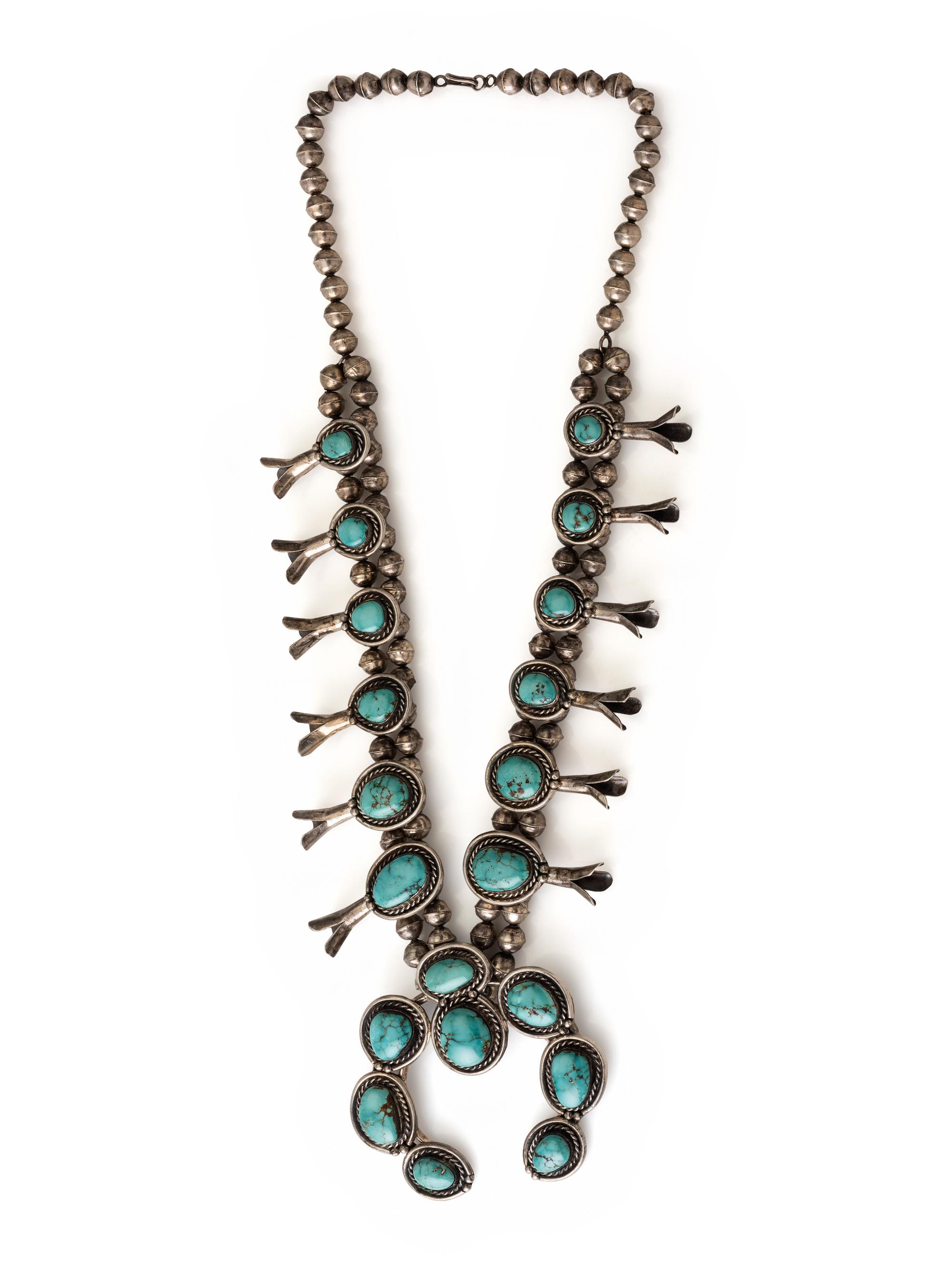 Navajo Silver and Turquoise Squash Blossom Necklace