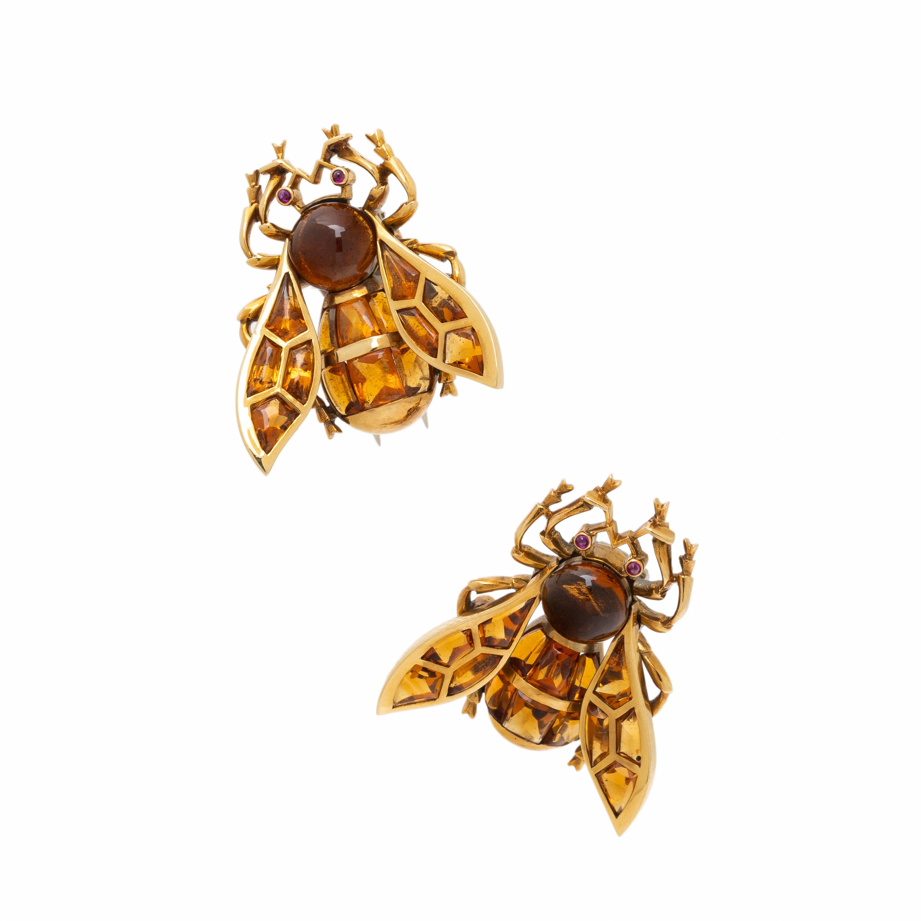 TWO CITRINE AND YELLOW GOLD BEE BROOCHES