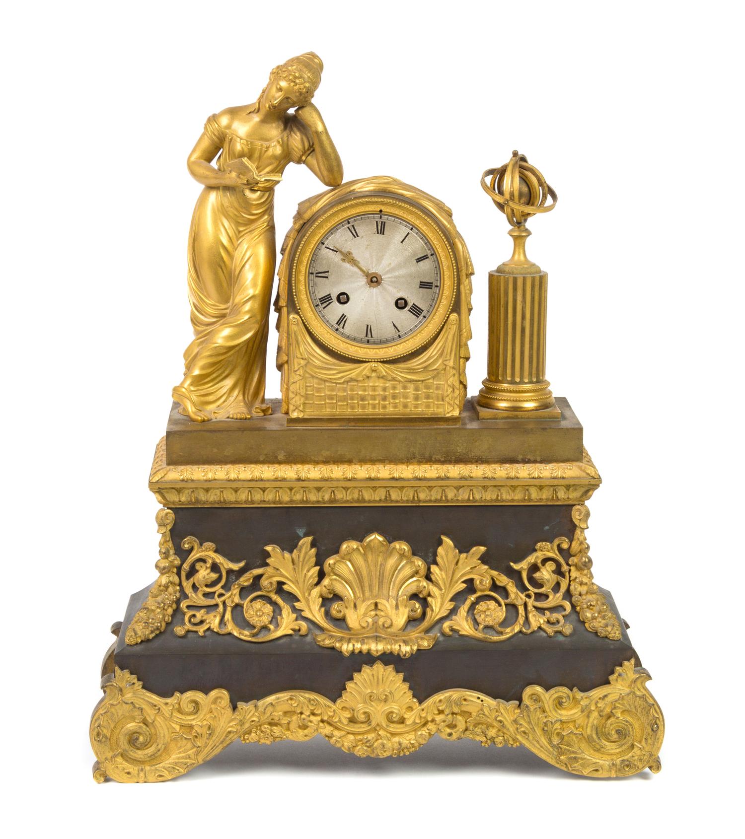 A French Gilt and Patinated Metal Figural Mantel Clock Height 18 5/8 inches. — 19TH CENTURY