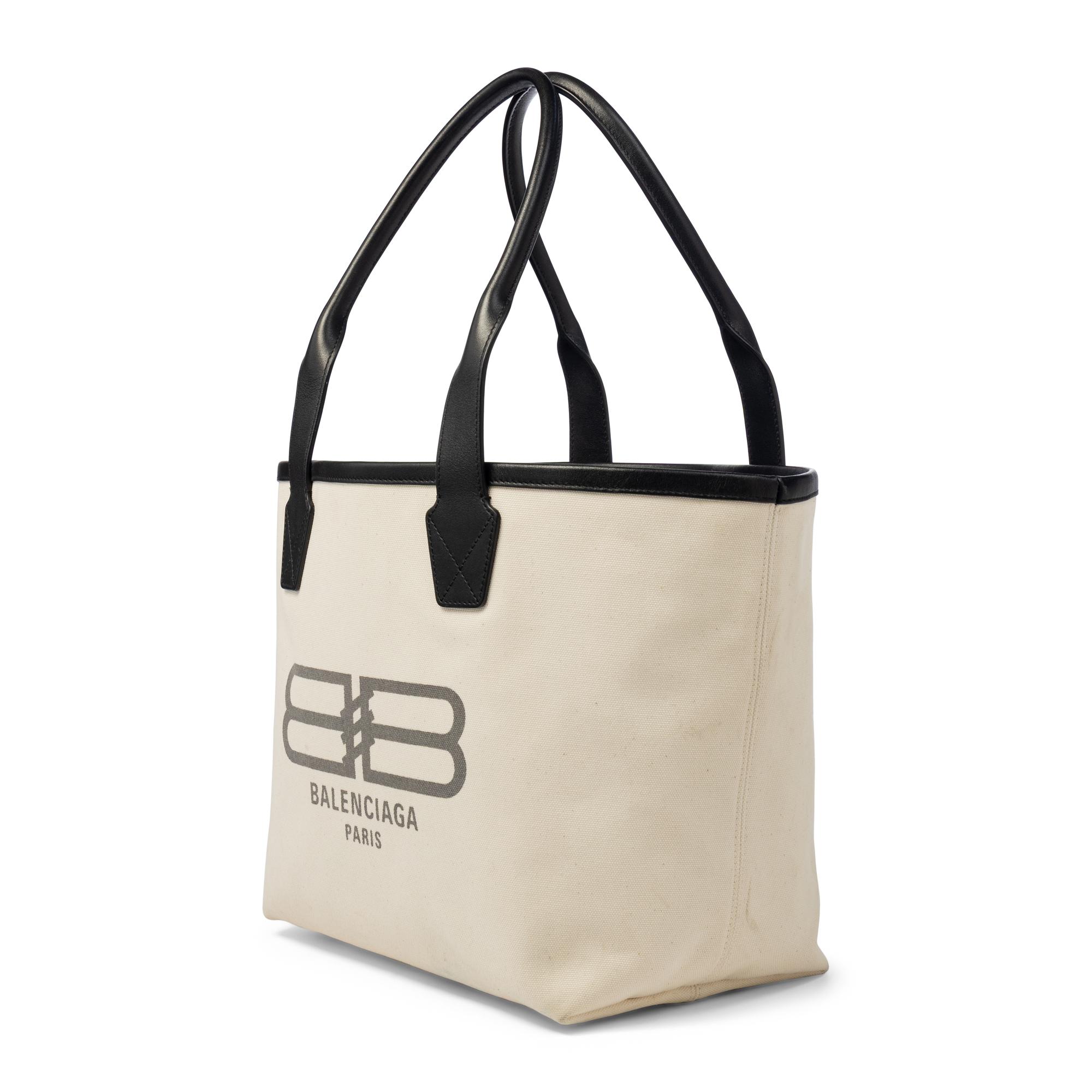 BALENCIAGA, WHITE CANVAS LOGO TOTE