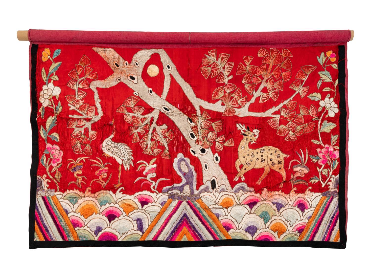 Two Chinese Red Ground Embroidered Silk 'Longevity' Panels