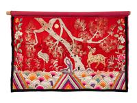 Two Chinese Red Ground Embroidered Silk 'Longevity' Panels
