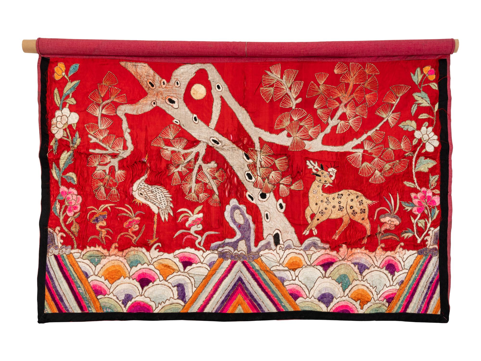 Two Chinese Red Ground Embroidered Silk 'Longevity' Panels
