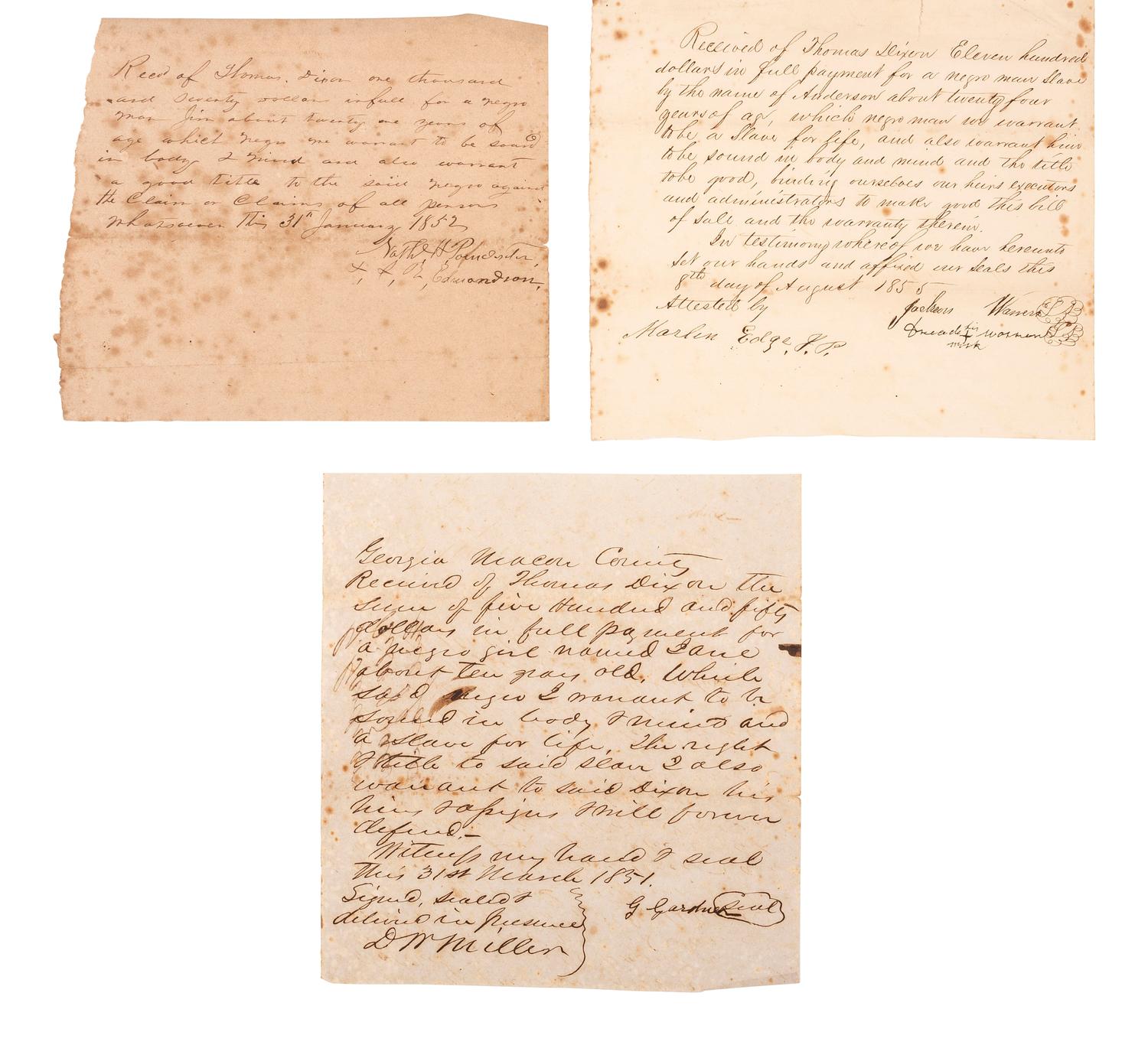 [SLAVERY & ABOLITION]. Bills of sale for African Americans enslaved by Thomas Dixon (1815-1879), Sheriff of Macon County, Georgia.