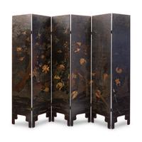 A Chinese Painted Leather Six-Panel Floor Screen