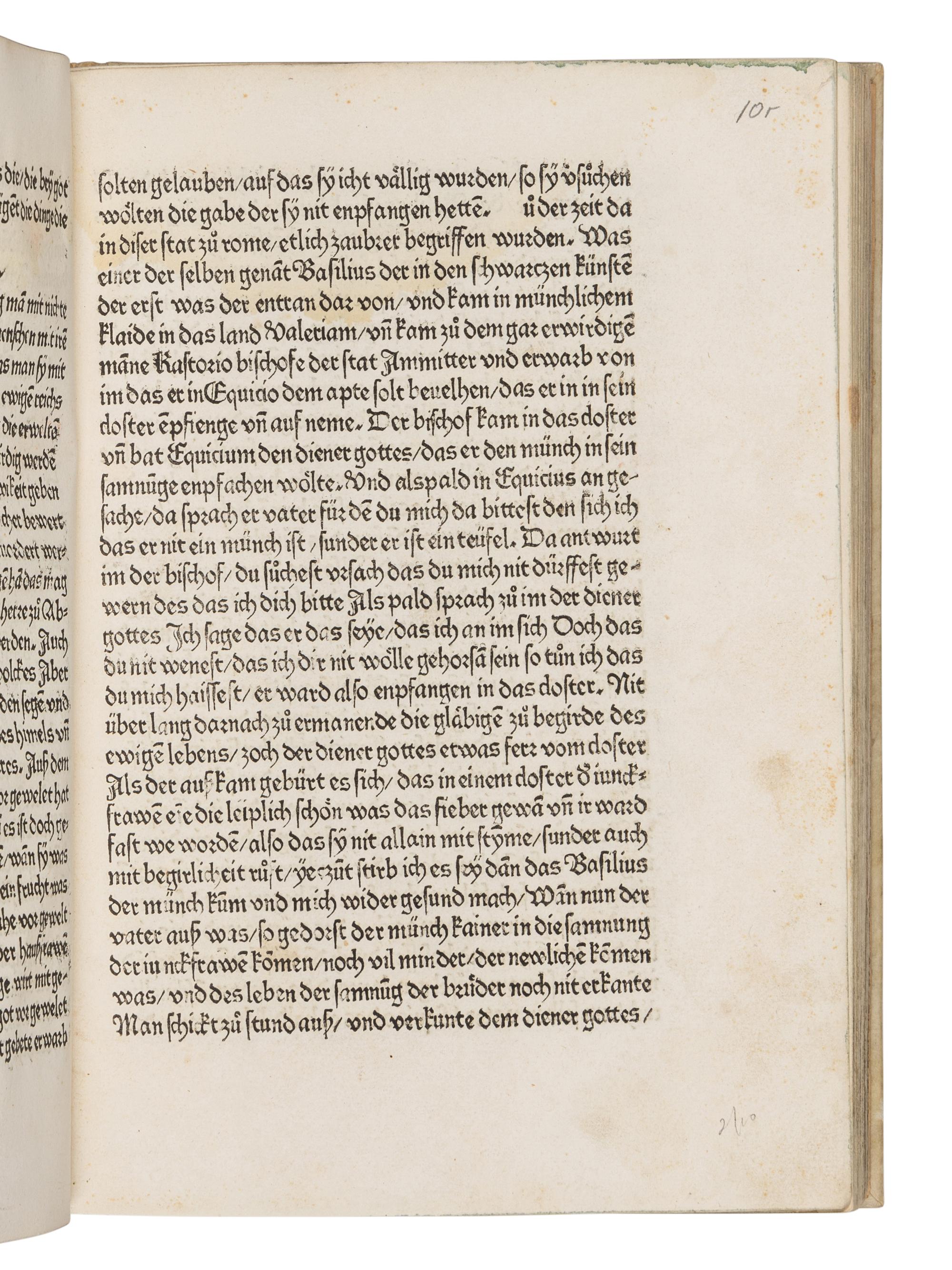 GREGORIUS I (Saint, c.540-604). Dialogorum libri quattuor , in German: Das buch der zwayer red mit ainander . Edited by Johannes von Speyer, with 5 other texts in German: TUNDALUS. De eius visio, sive de raptu animae: Die Gesicht Tundali . - BEDA. V isio Fursei: Das Wunderzeichen des Bishof Forsee . - Speculum mundi: Spiegel der Welt . - Ars moriendi: Kunst des Sterbens . - Cordiale quattuor novissimorum: Die vier letzte Dinge . [Augsburg: Johann Bamler at the Monastery of SS. Ulrich and Afra], 1473.