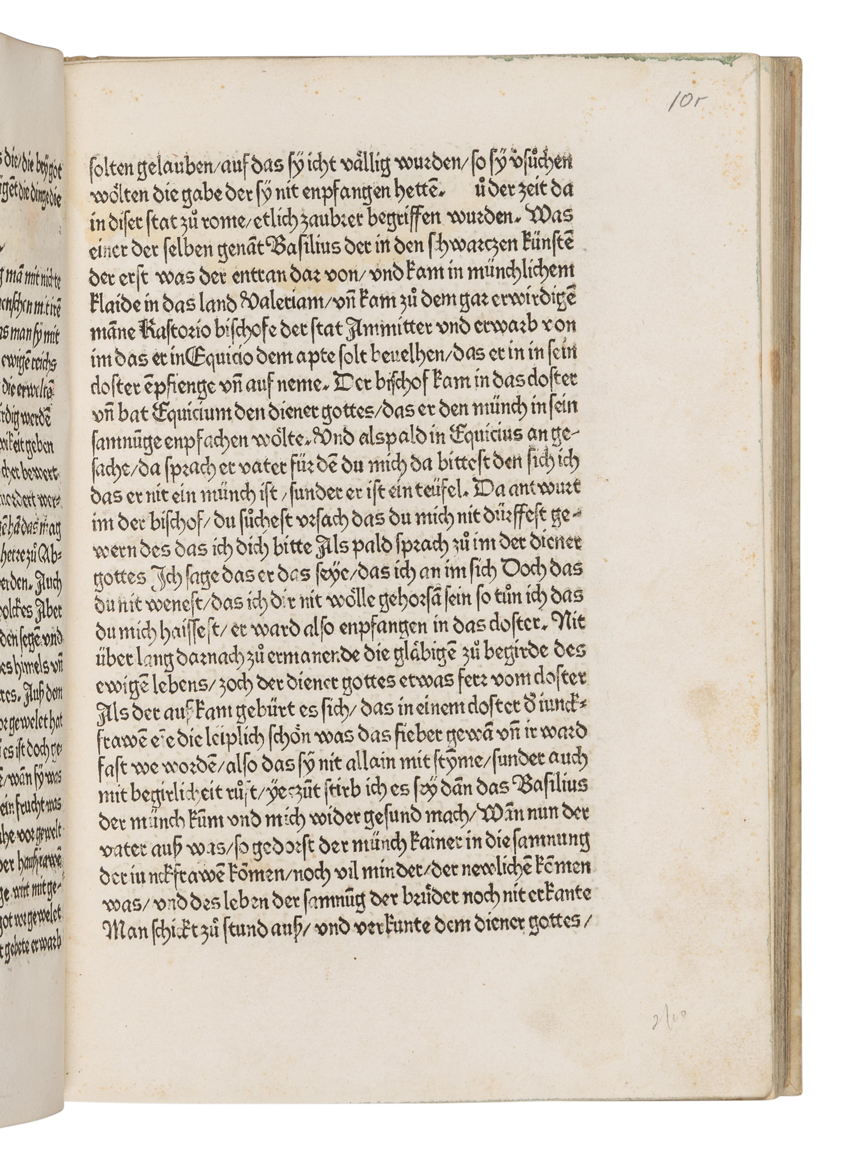 GREGORIUS I (Saint, c.540-604). Dialogorum libri quattuor , in German: Das buch der zwayer red mit ainander . Edited by Johannes von Speyer, with 5 other texts in German: TUNDALUS. De eius visio, sive de raptu animae: Die Gesicht Tundali . - BEDA. V isio Fursei: Das Wunderzeichen des Bishof Forsee . - Speculum mundi: Spiegel der Welt . - Ars moriendi: Kunst des Sterbens . - Cordiale quattuor novissimorum: Die vier letzte Dinge . [Augsburg: Johann Bamler at the Monastery of SS. Ulrich and Afra], 1473.