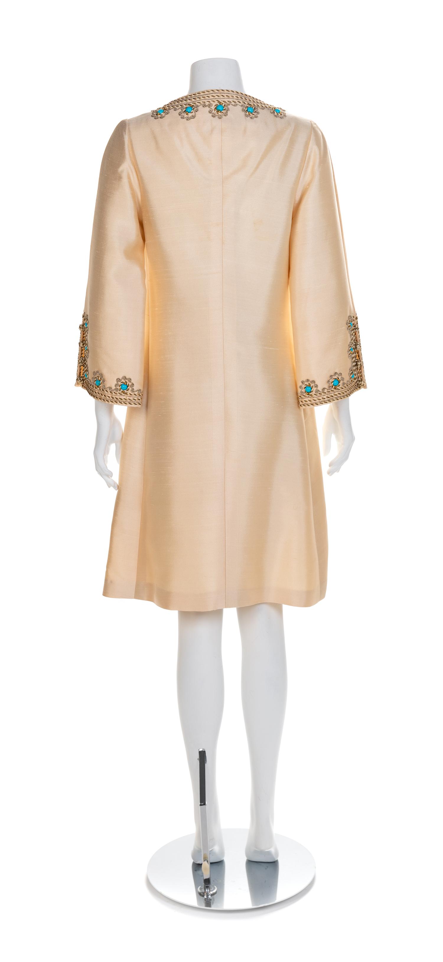 I. Magnin Ivory Dress with Rope Trim and Turqoise Beads, 1960s No size label