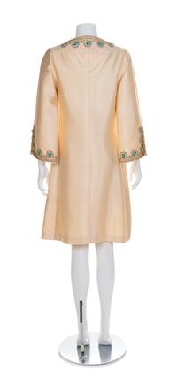I. Magnin Ivory Dress with Rope Trim and Turqoise Beads, 1960s No size label