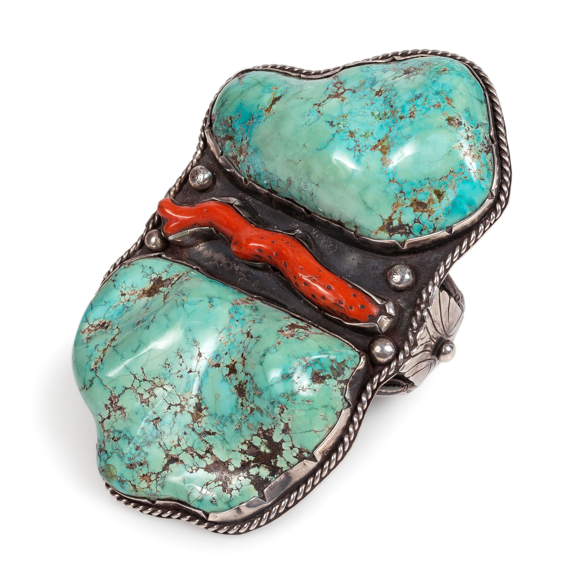 Large Navajo Silver Cuff Bracelet, with Turquoise Nuggets and Branch of Coral