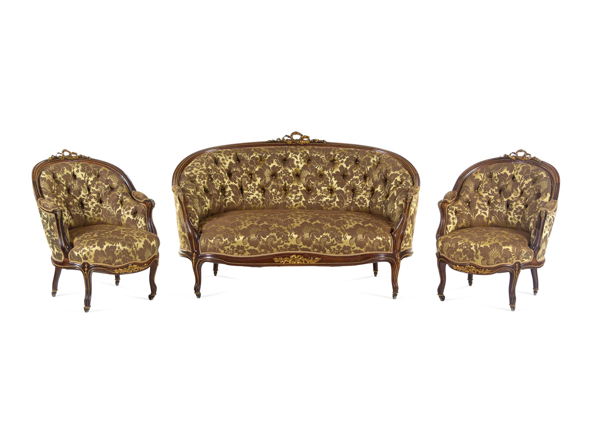A Louis XV Style Gilt Bronze Mounted Rosewood Three-Piece Salon Suite