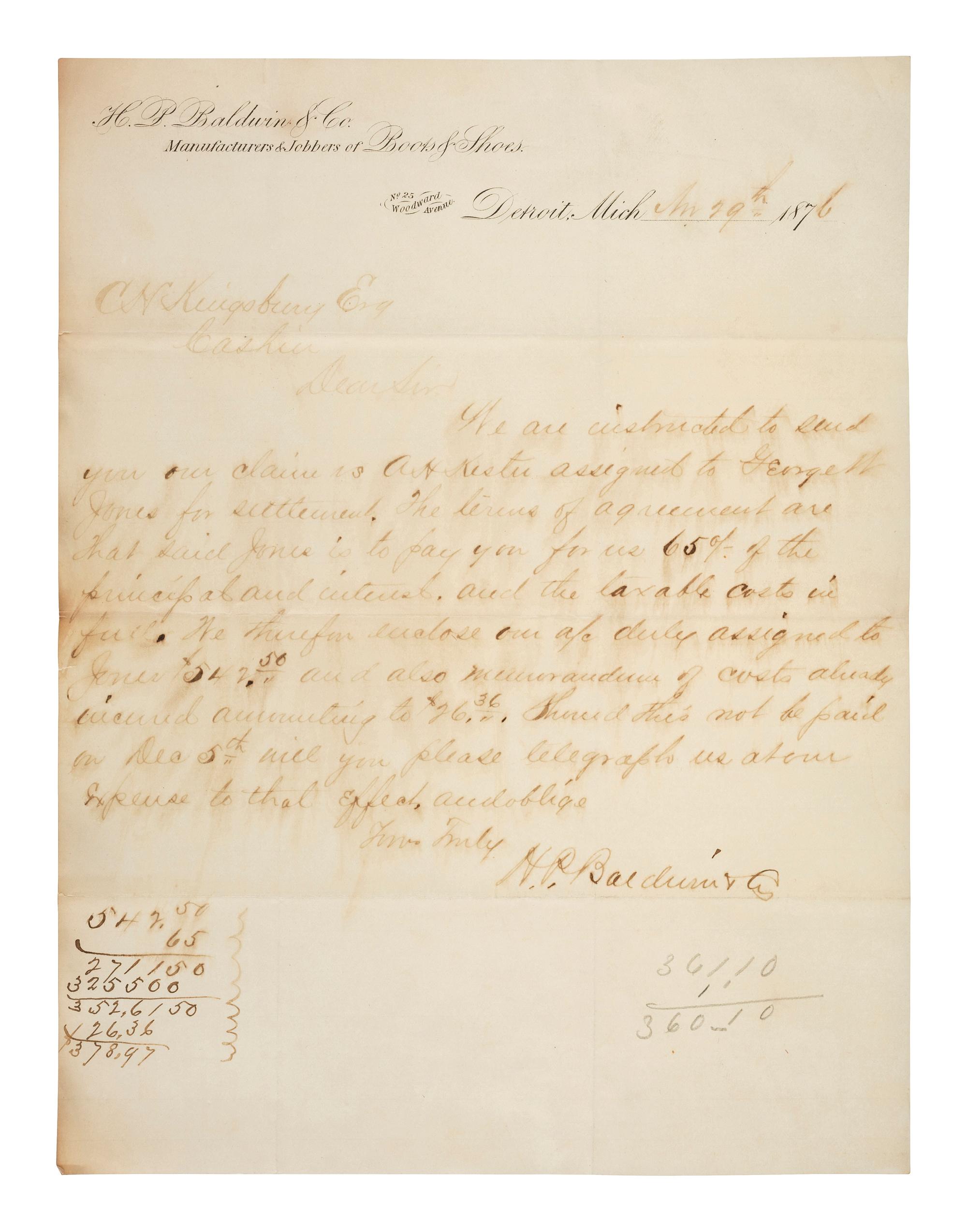 [MICHIGAN]. A group of documents related to Michigan merchant Asa Kingsbury, including:
