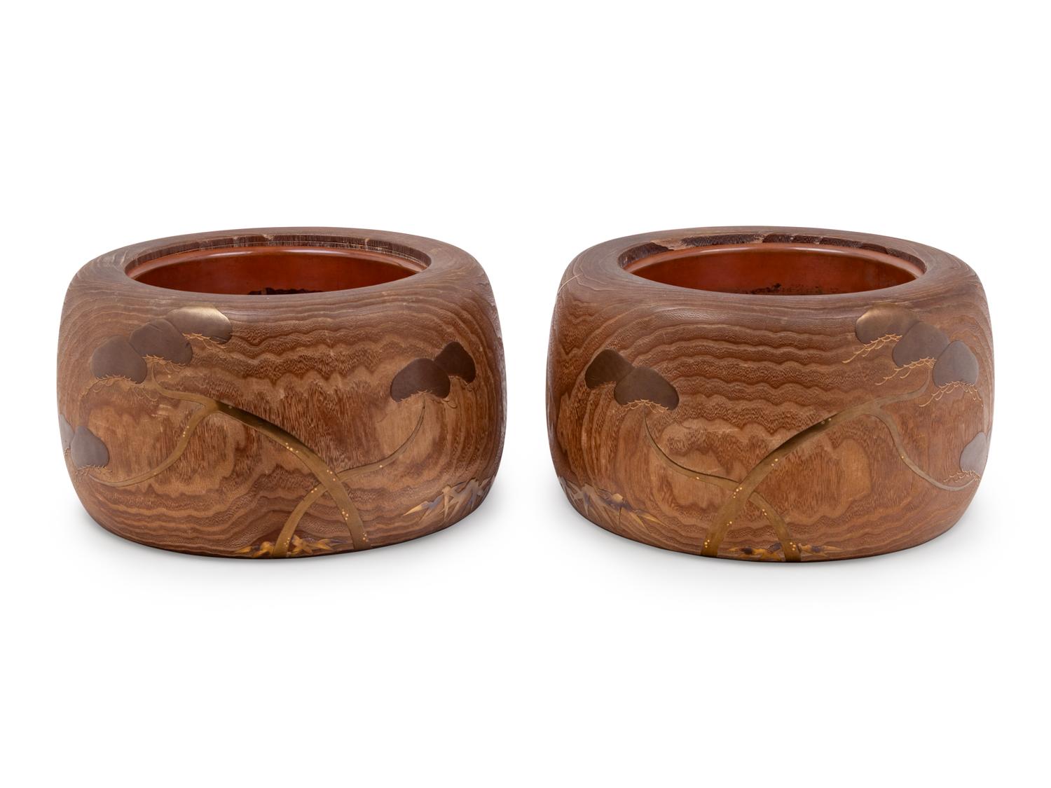 A Pair of Large Japanese Gilt Lacquered Paulownia Wood Hibachi