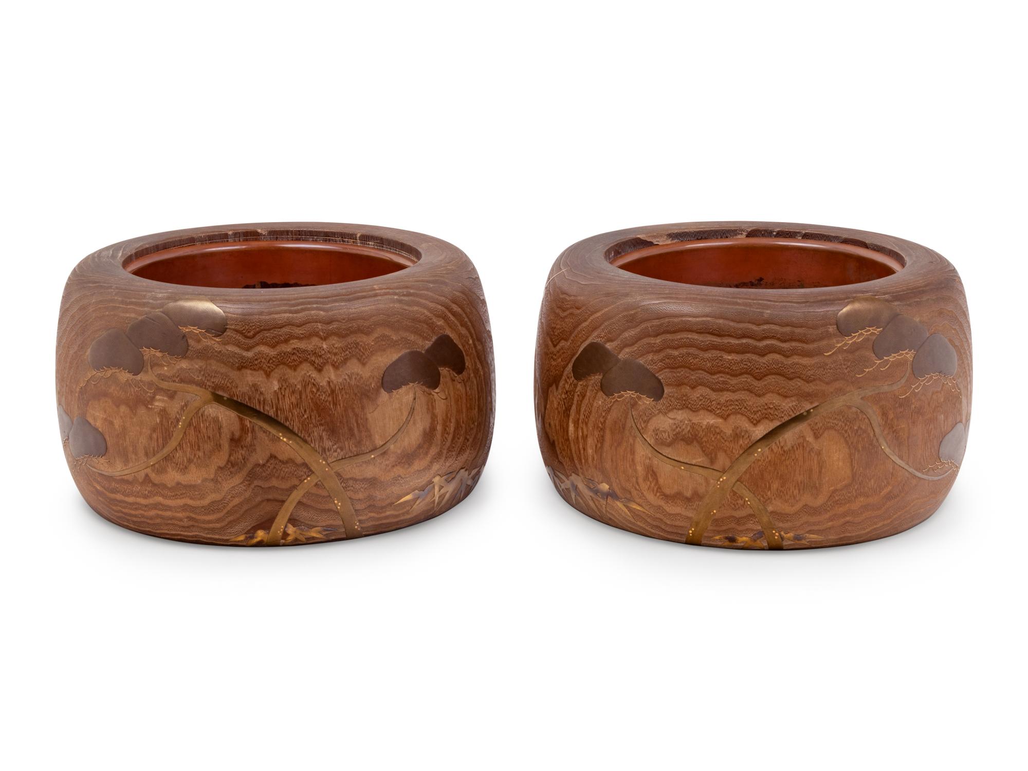 A Pair of Large Japanese Gilt Lacquered Paulownia Wood Hibachi
