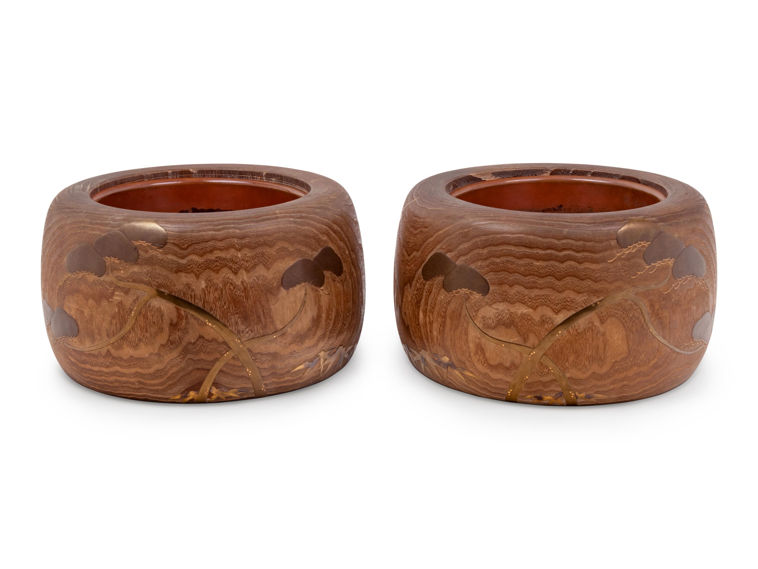 A Pair of Large Japanese Gilt Lacquered Paulownia Wood Hibachi