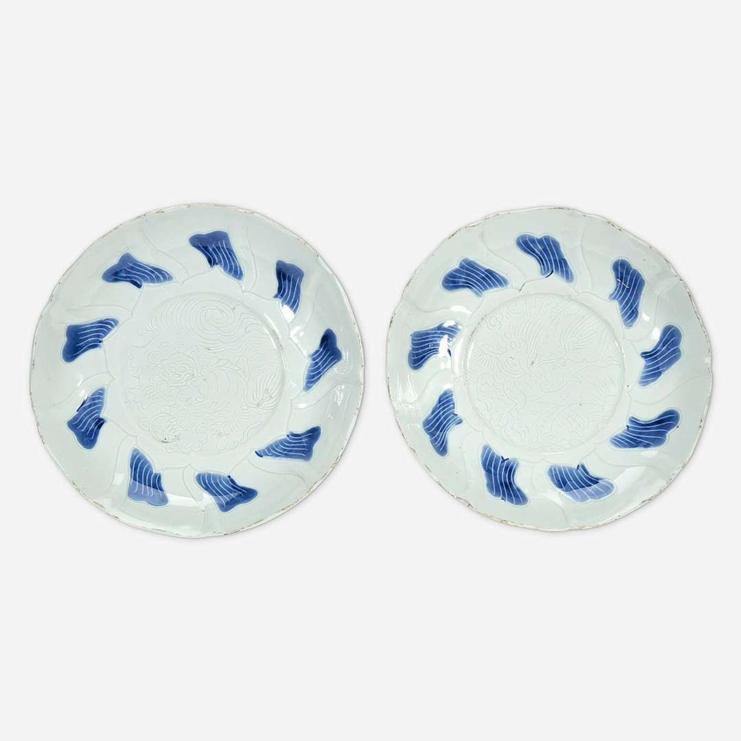A pair of Chinese blue and white porcelain incised dishes Ming Dynasty