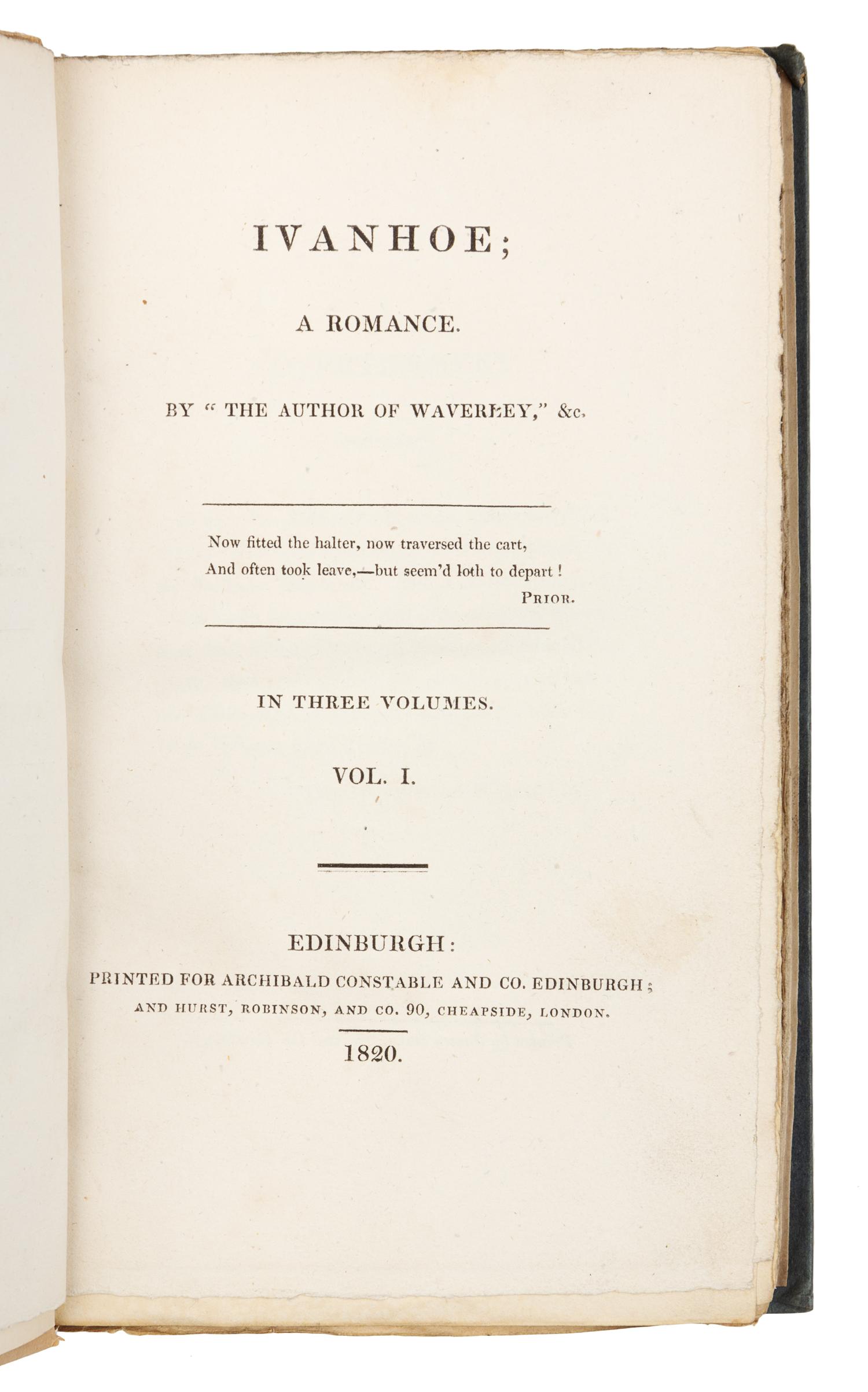 SCOTT, Walter, Sir (1771-1832). Ivanhoe. Edinburgh and London: for Archibald Constable and Co., Hurst, Robinson, and Co., 1820.