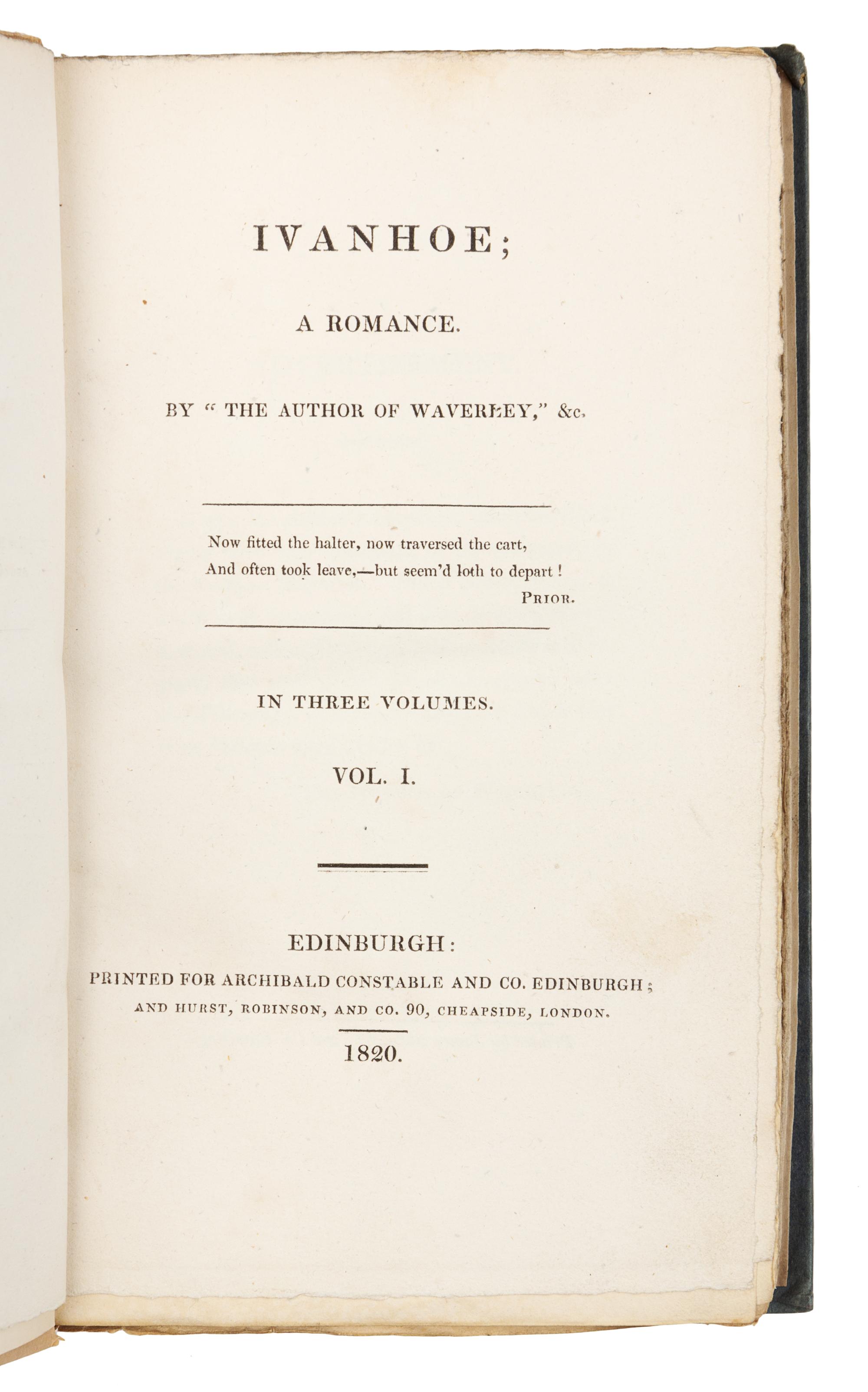 SCOTT, Walter, Sir (1771-1832). Ivanhoe. Edinburgh and London: for Archibald Constable and Co., Hurst, Robinson, and Co., 1820.