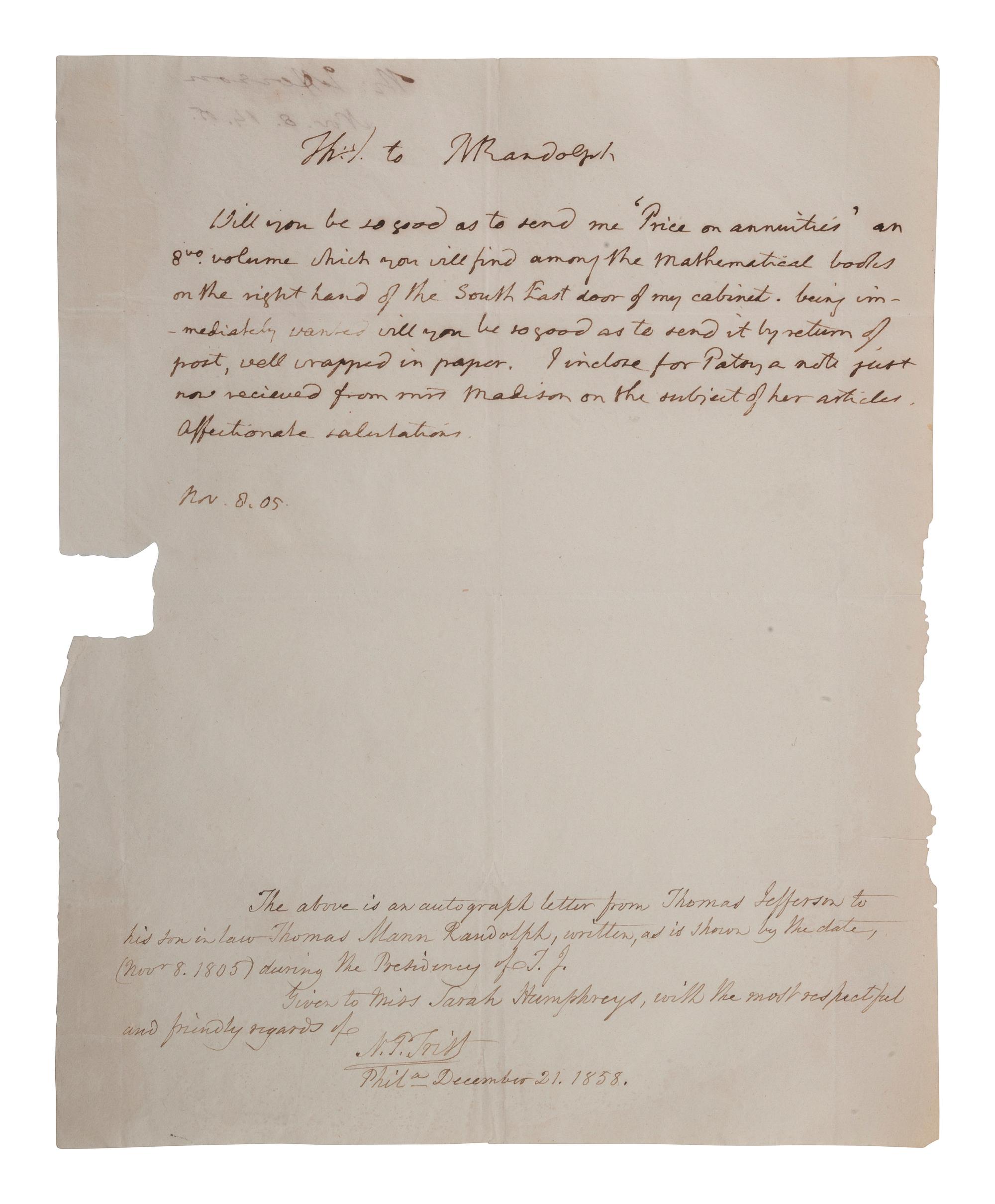 JEFFERSON, Thomas (1743-1826). Autograph letter integrally signed ("Th. J.") to Thomas Mann Randolph. 8 November 1805.