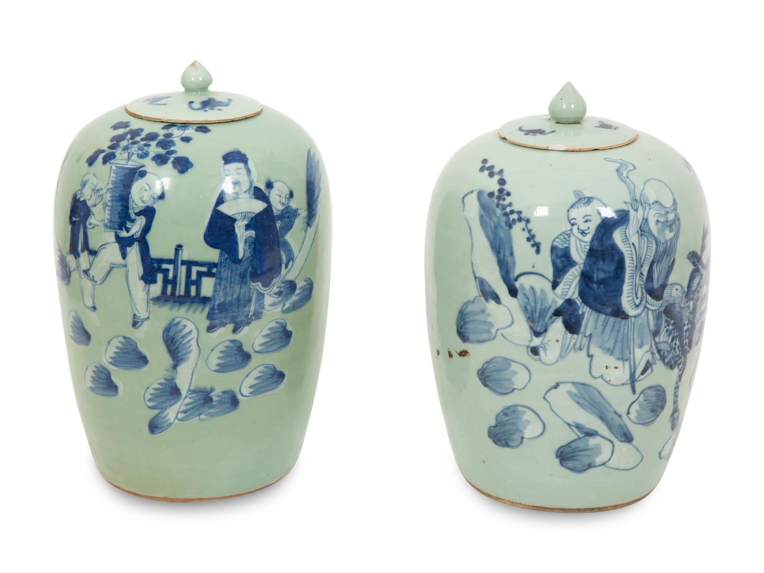 Two Pairs of Chinese Blue on Celadon Porcelain Covered Jars