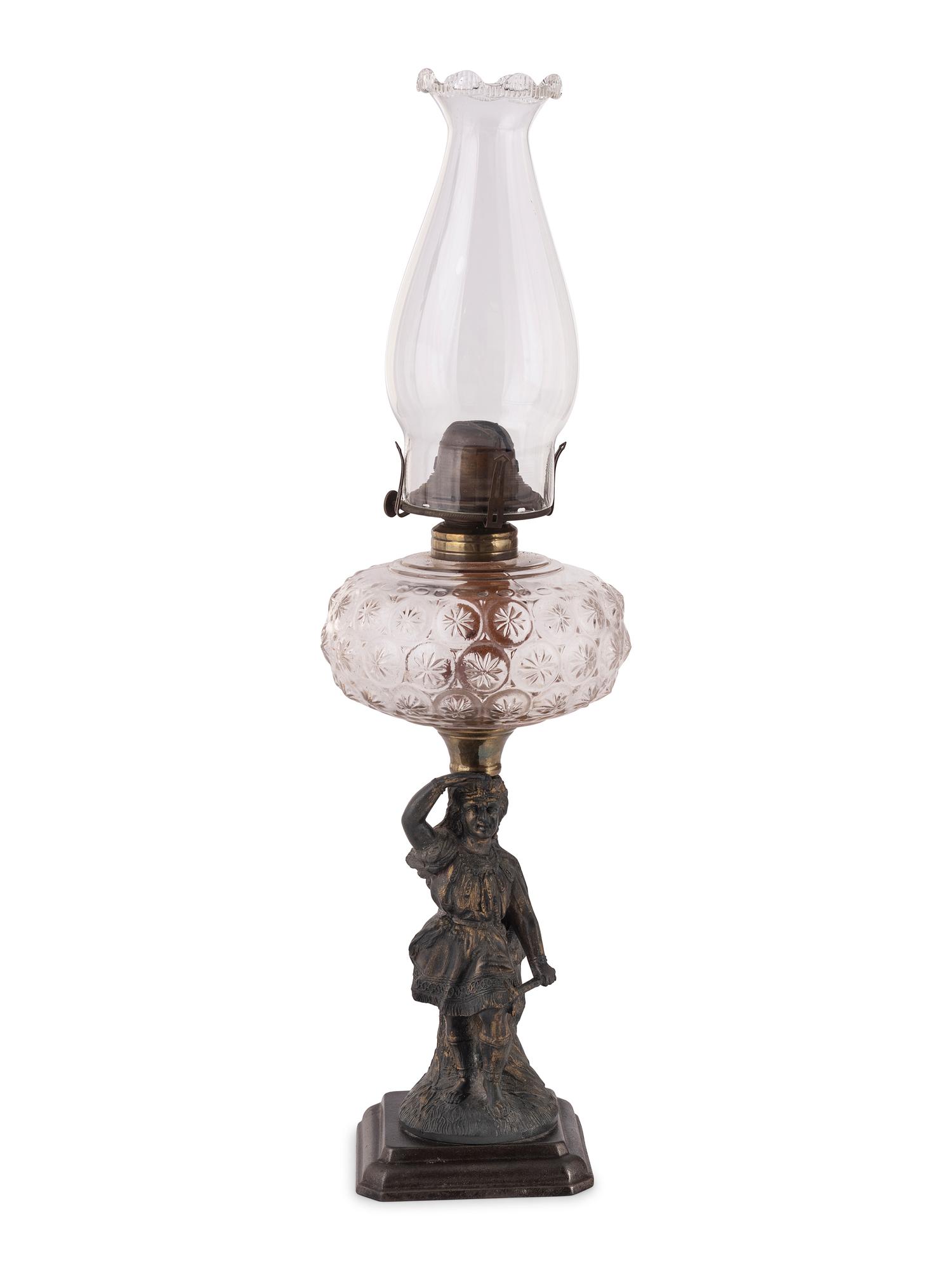 Four Gilt Metal and Glass Figural Oil Lamps