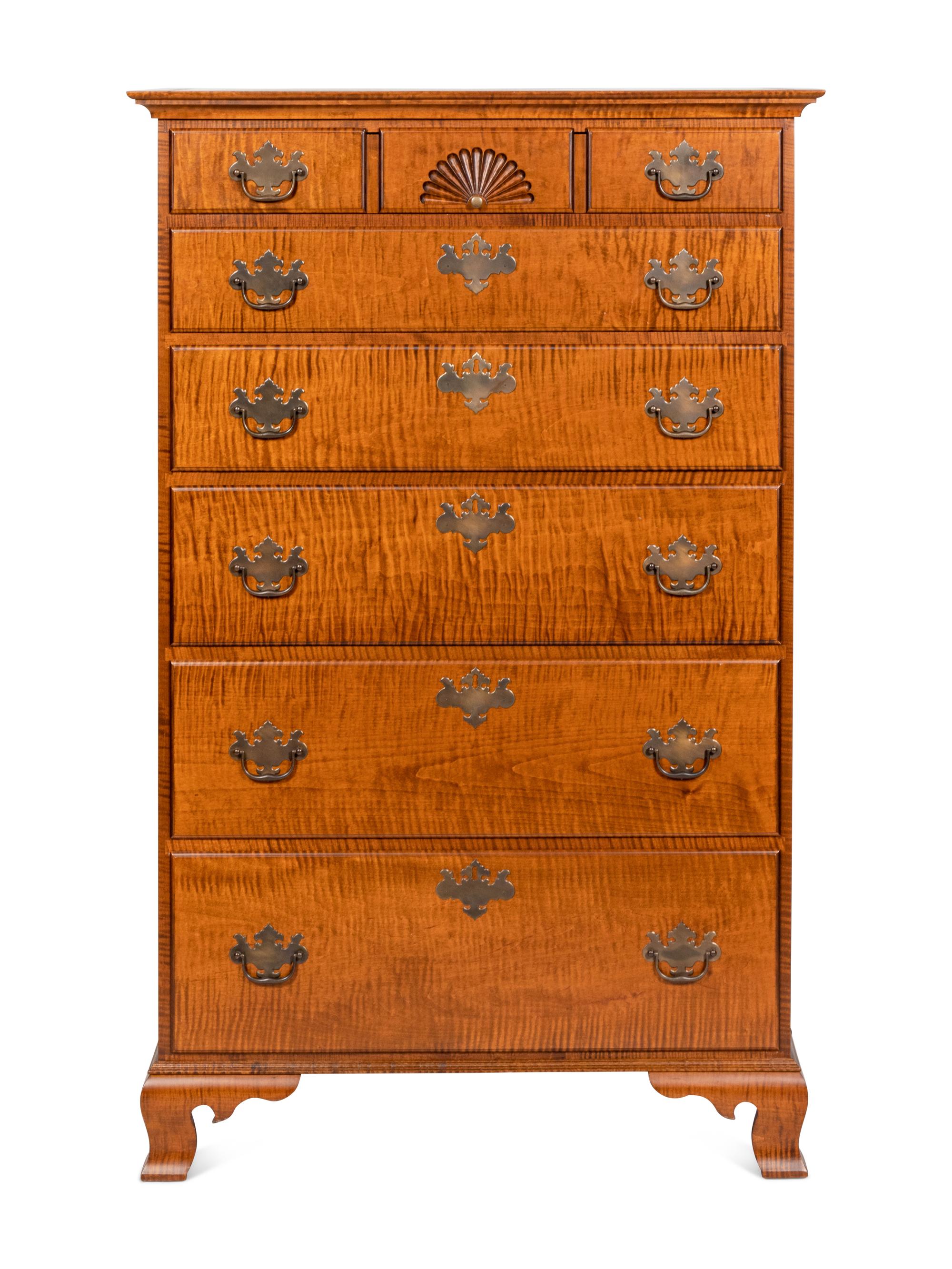 A Chippendale Style Tiger Maple Tall Chest